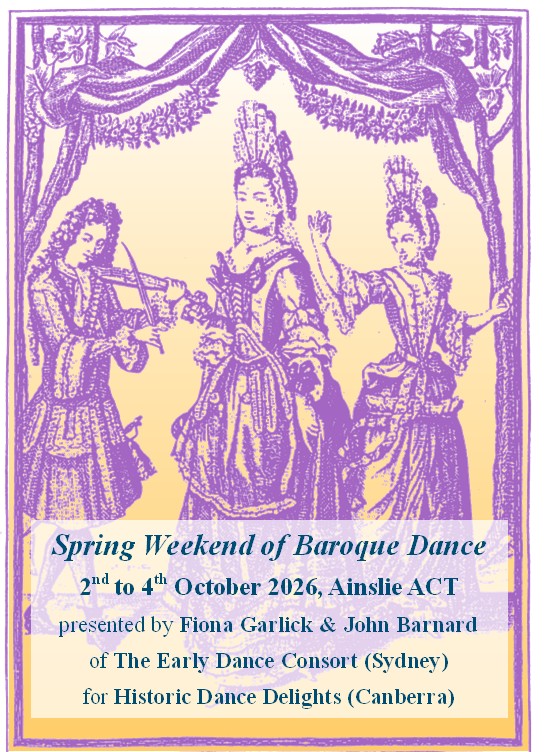 Engraving circa 1700 of young lady learning to dance. Image for Spring Weekend of Baroque Dance, 2nd to 4th October 2026, Ainslie ACT, presented by Fiona Garlick & John Barnard of The Early Dance Consort, for Historic Dance Delights (Canberra)
